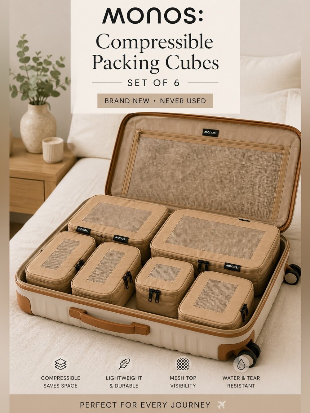Monos Compressible Packingh Cubes Set of 6 Tan Brand New Travel Organizers